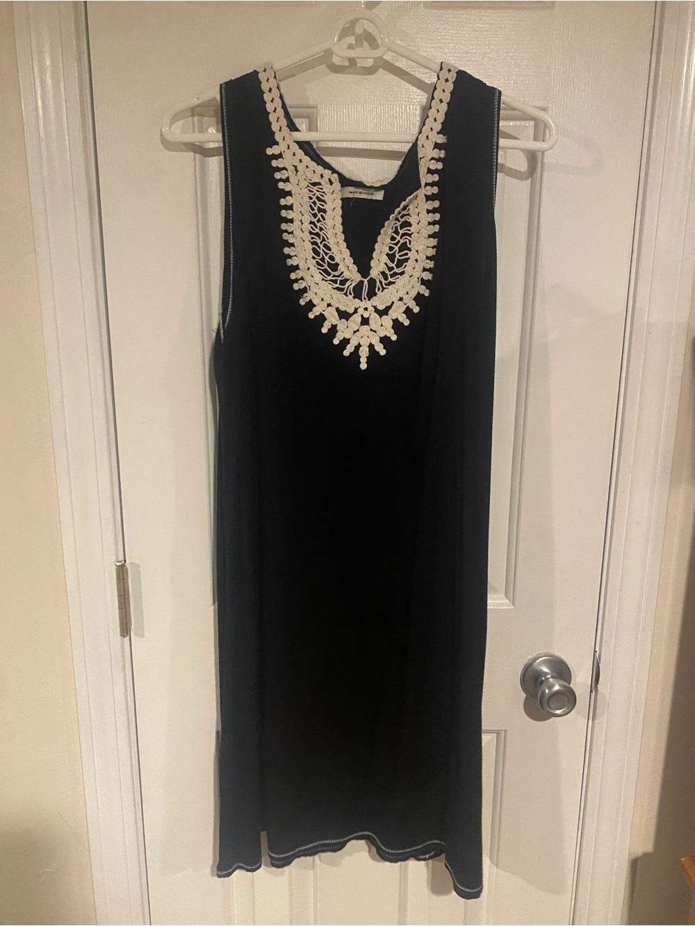 Max Studio Black Midi Dress with Cream Crochet V-Neck
